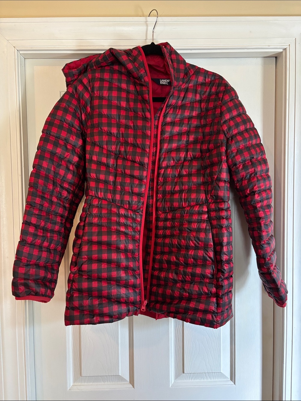 Lands' End Red and Black Plaid Packable Puffer Jacket